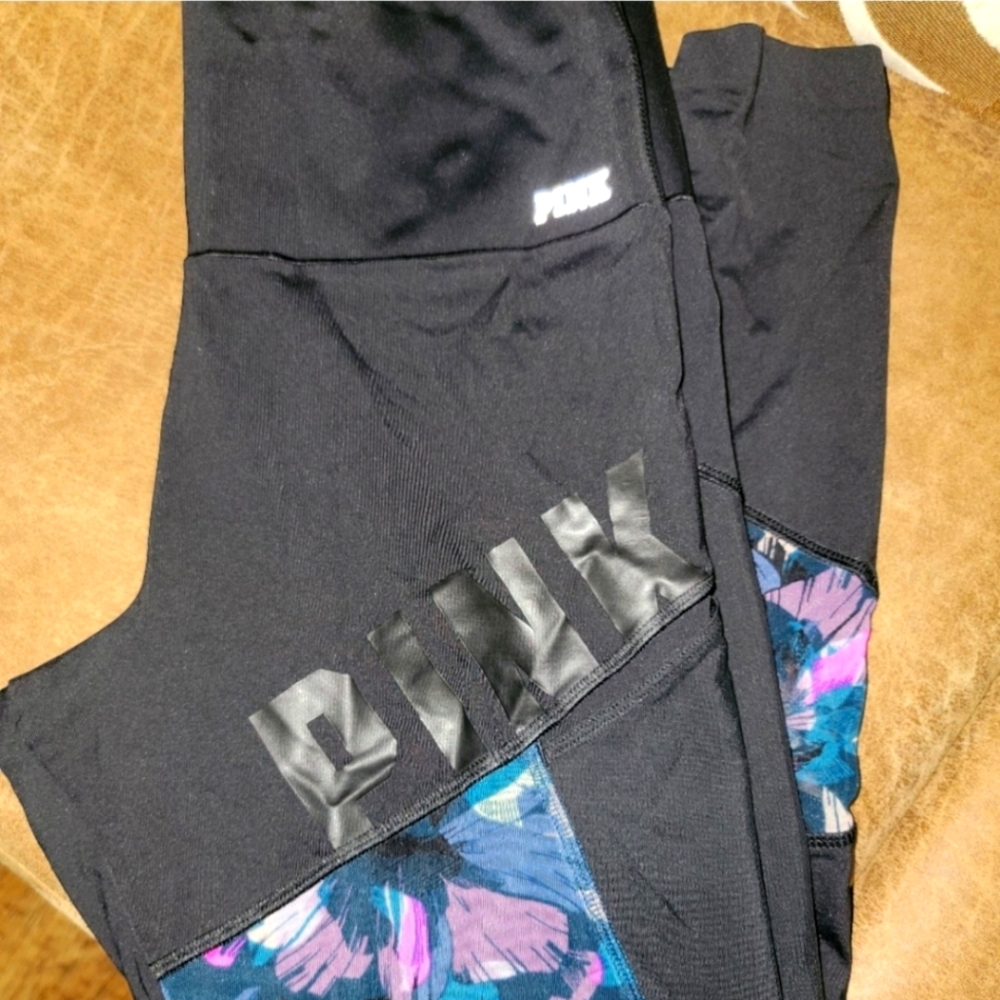 PINK Victoria's Secret Black Leggings with Blue & Purple Floral Panels